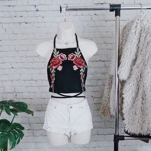 Flower Rose Sewn On Crop Top Festival Velvet Top